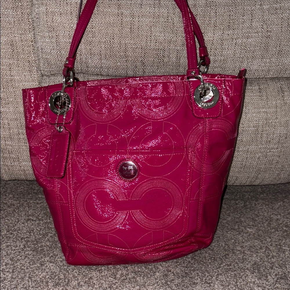 Coach Pink Glossy Tote with Silver Accents